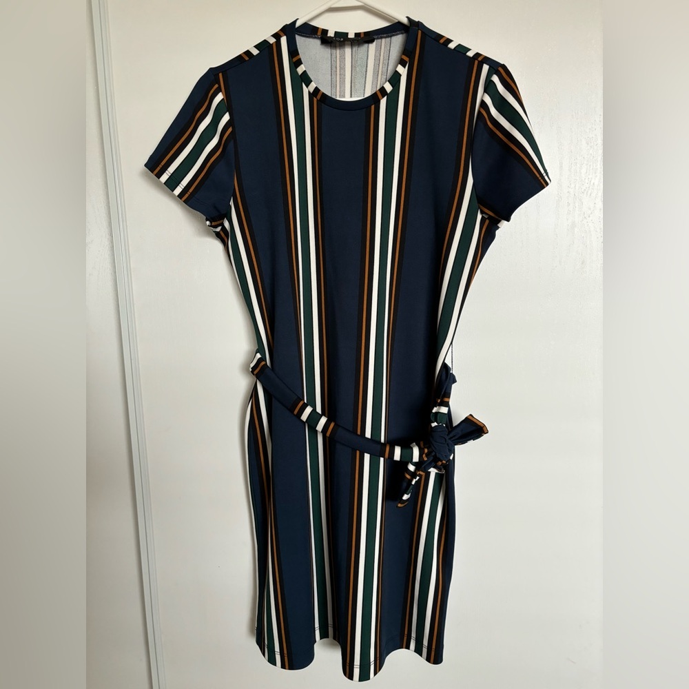 Teal Strip Knee Length Dress S/M Vertical Strips Waist Strap Fall Winter Holiday